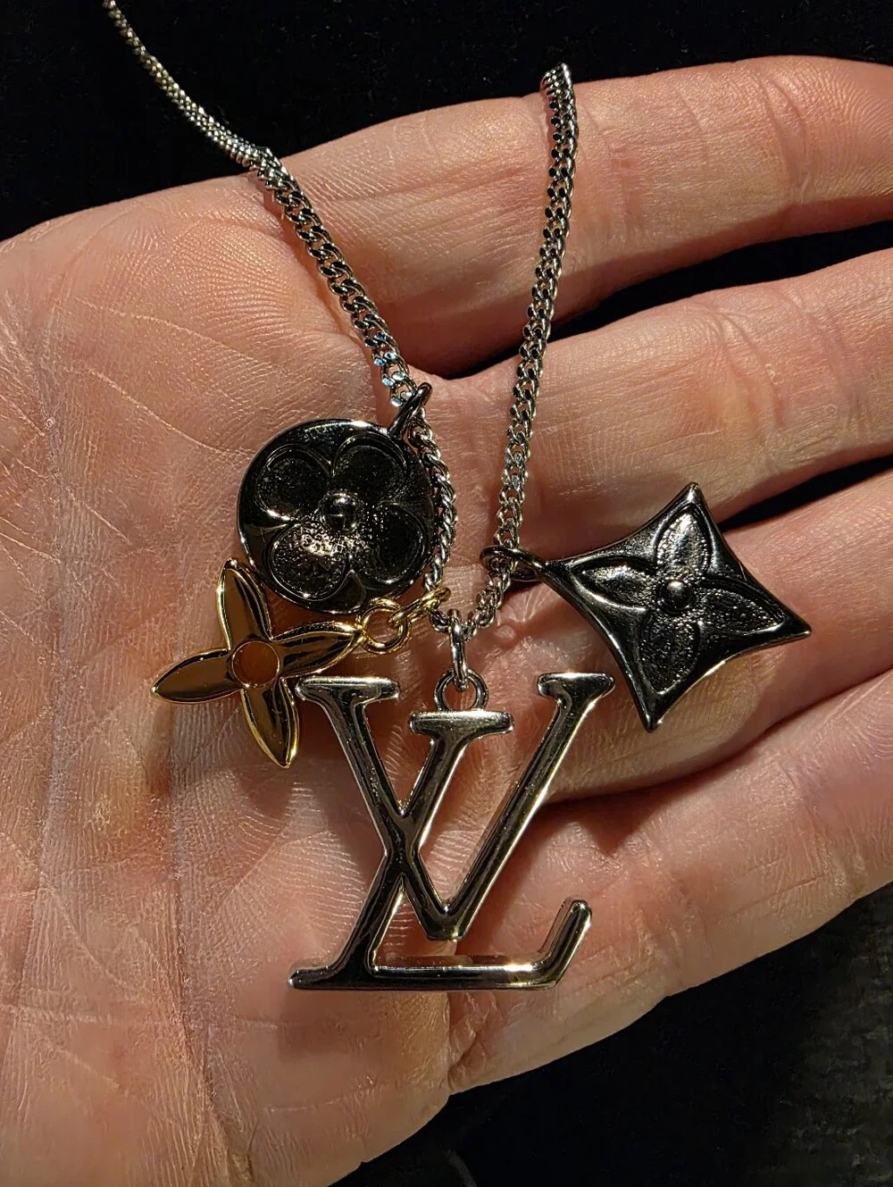 USED...UPCYCLED LV Silver Charm Necklace with Mixed Charms - Silver